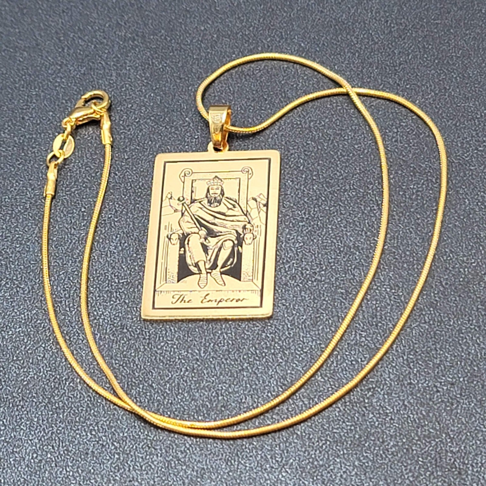 The EMPEROR Tarot Card Pendant Necklace Major Arcana Gold tone 18”.