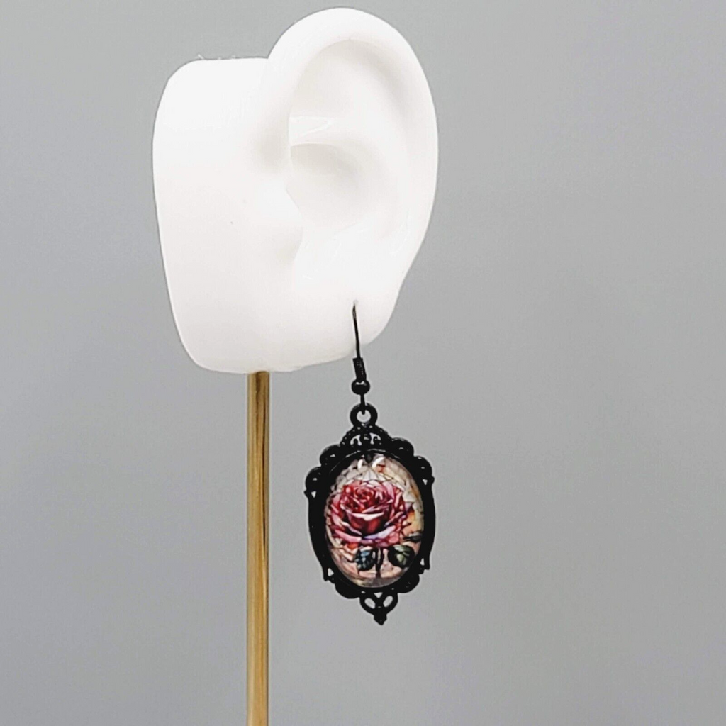 Glass Dome Pink Rose Pierced Earrings Oval Dangle Black Enamel 1 5/8"