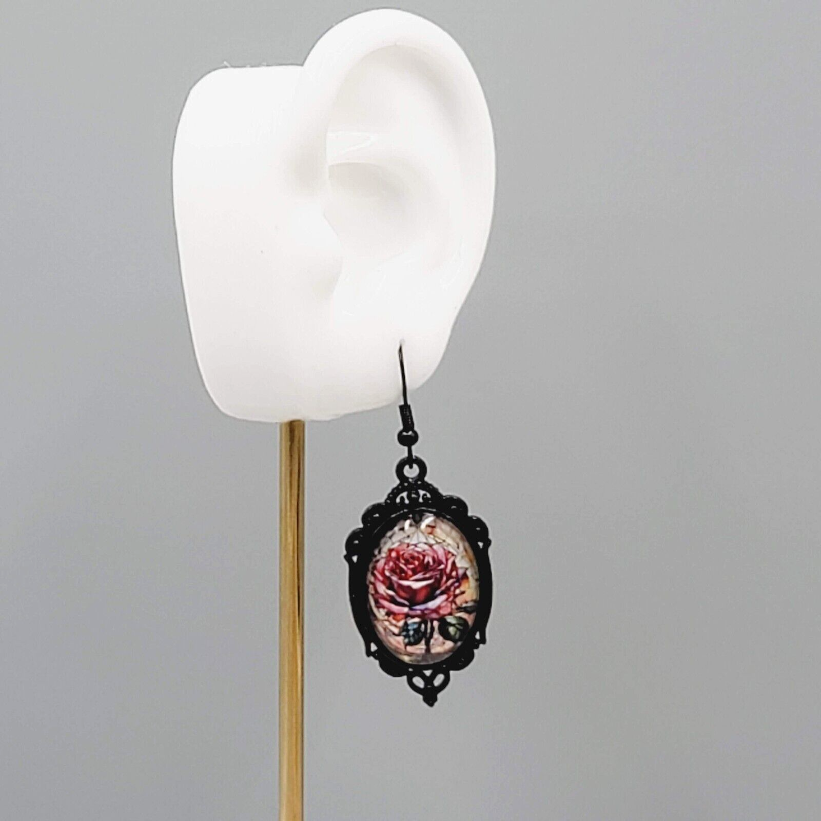 Glass Dome Pink Rose Pierced Earrings Oval Dangle Black Enamel 1 5/8"