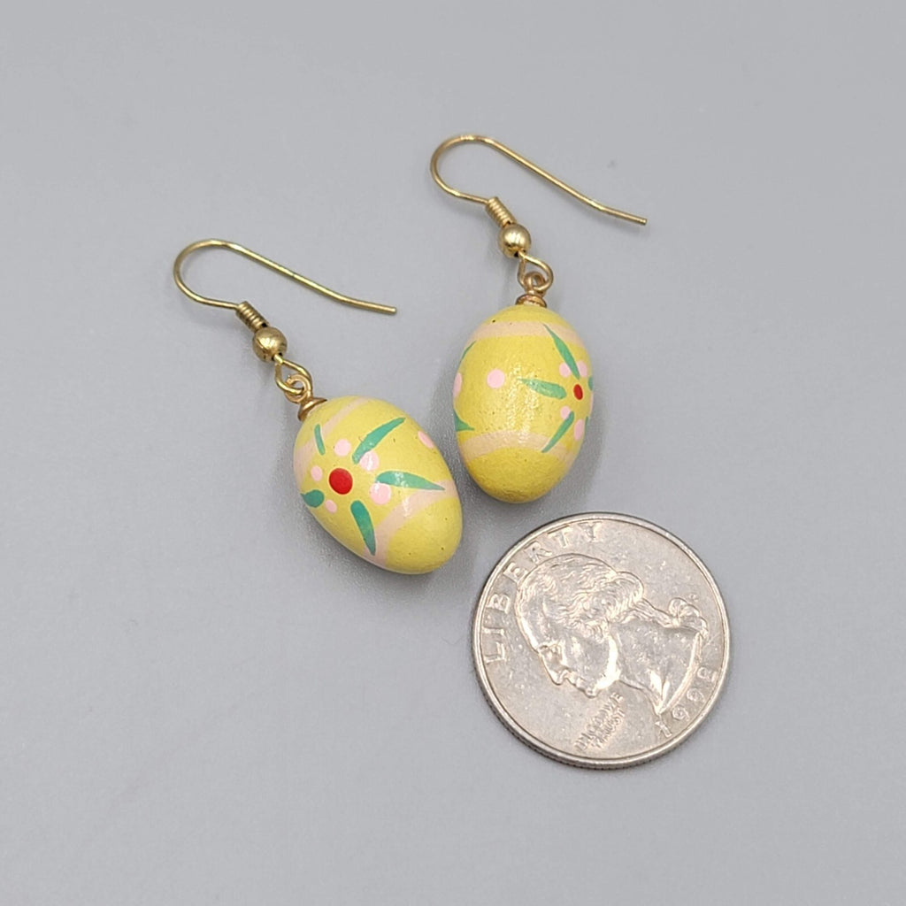 Vintage Yellow Easter Egg Pierced Earrings Hand Painted Wood Dangle 7/8"