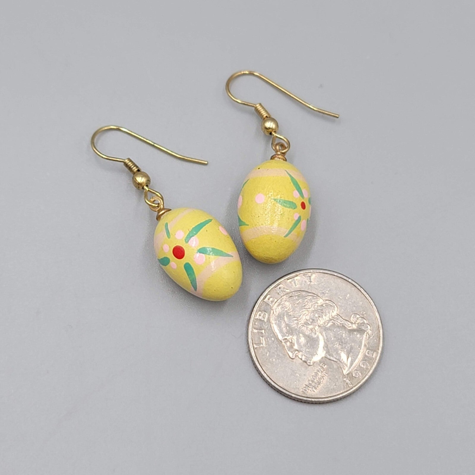 Vintage Yellow Easter Egg Pierced Earrings Hand Painted Wood Dangle 7/8"