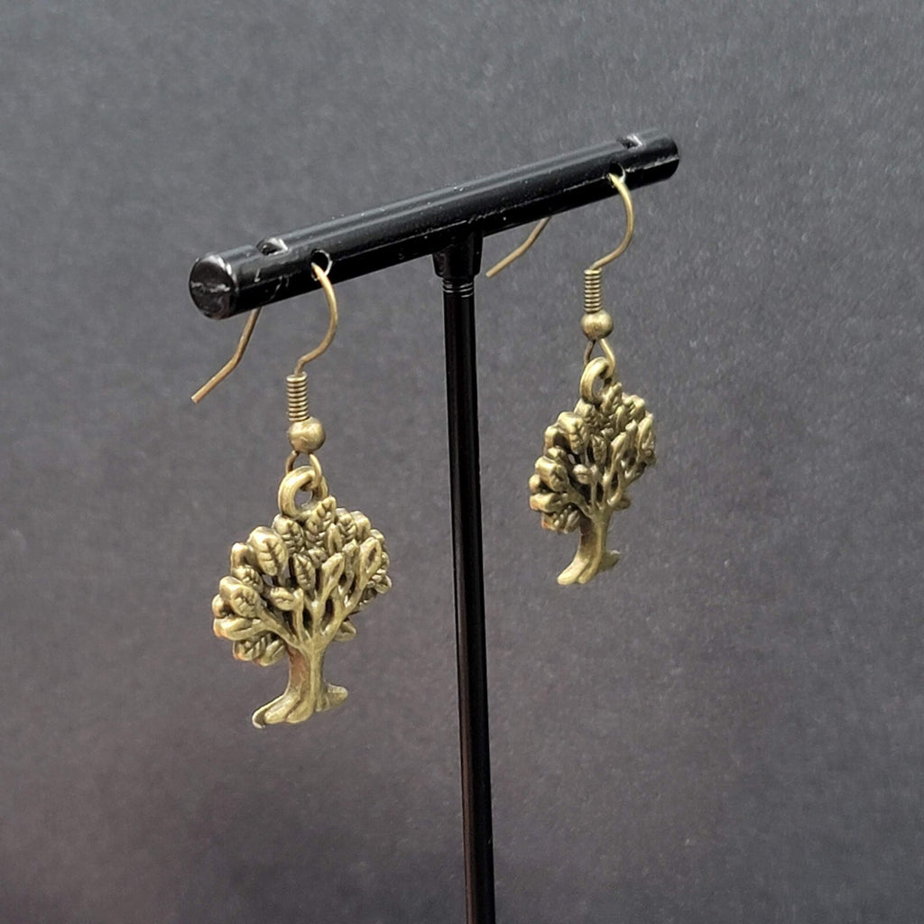 Tree Pierced Earrings Bronze tone Embossed Detail Dangle 7/8"