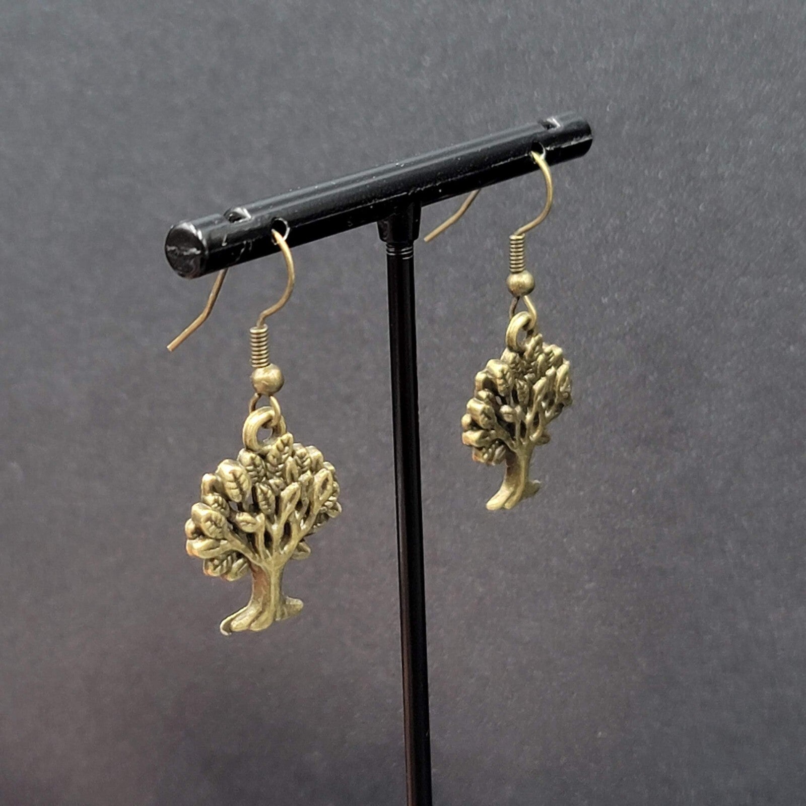 Tree Pierced Earrings Bronze tone Embossed Detail Dangle 7/8"