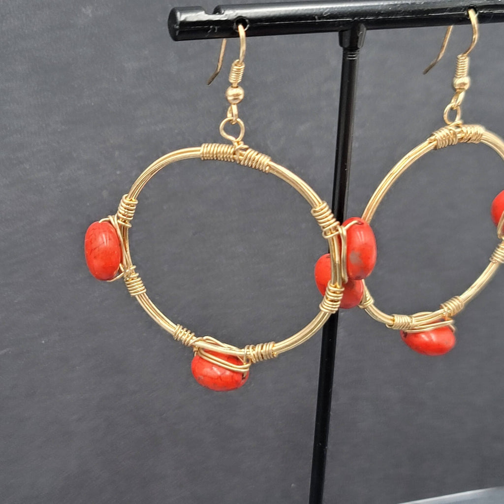 Pierced Earrings Gold tone Orange Stone Bead Dangle Hoops 1.75"
