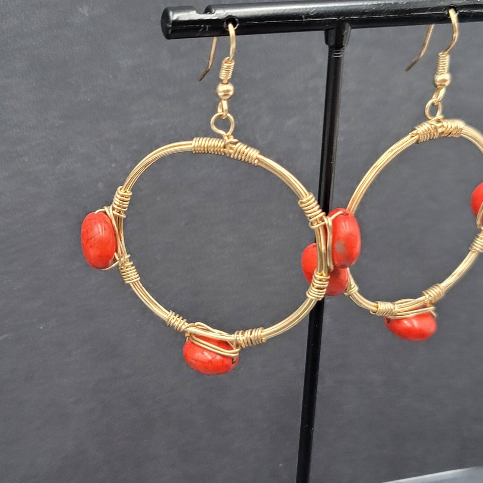 Pierced Earrings Gold tone Orange Stone Bead Dangle Hoops 1.75"