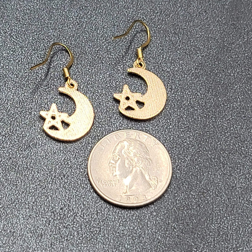 New Moon Star Pierced Earrings Gold tone Purple Enamel Dangle 3/4"
