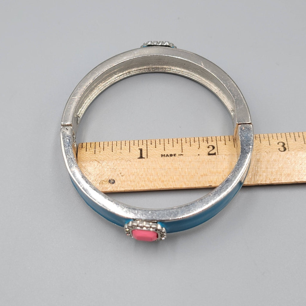 Hinged Bangle Bracelet Silver tone Blue Enamel Pink Accent 7.25"