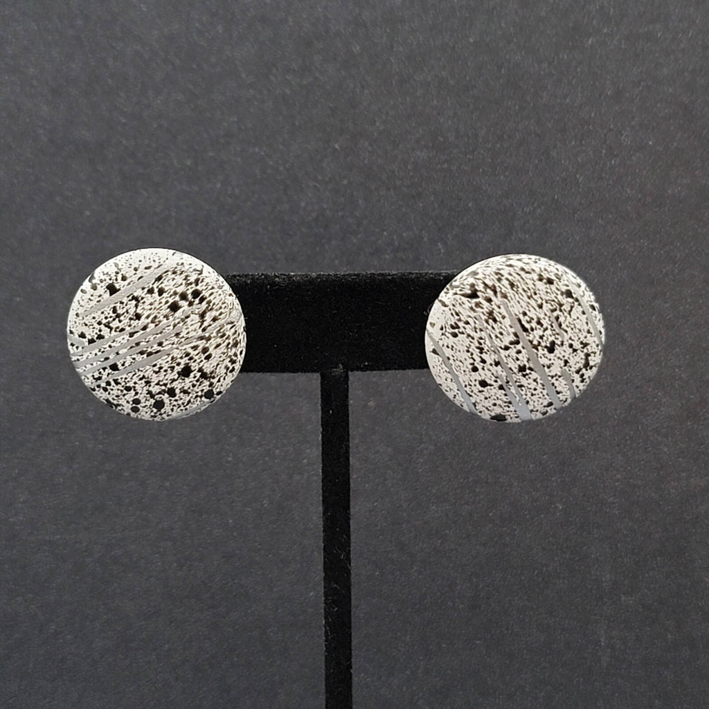 Vintage Pierced Earrings White Round Silver Black Spatter 1"
