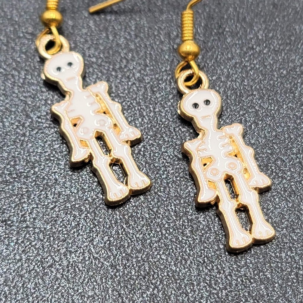 Halloween Skeleton Pierced Earrings Gold tone White Enamel Dangle 1"