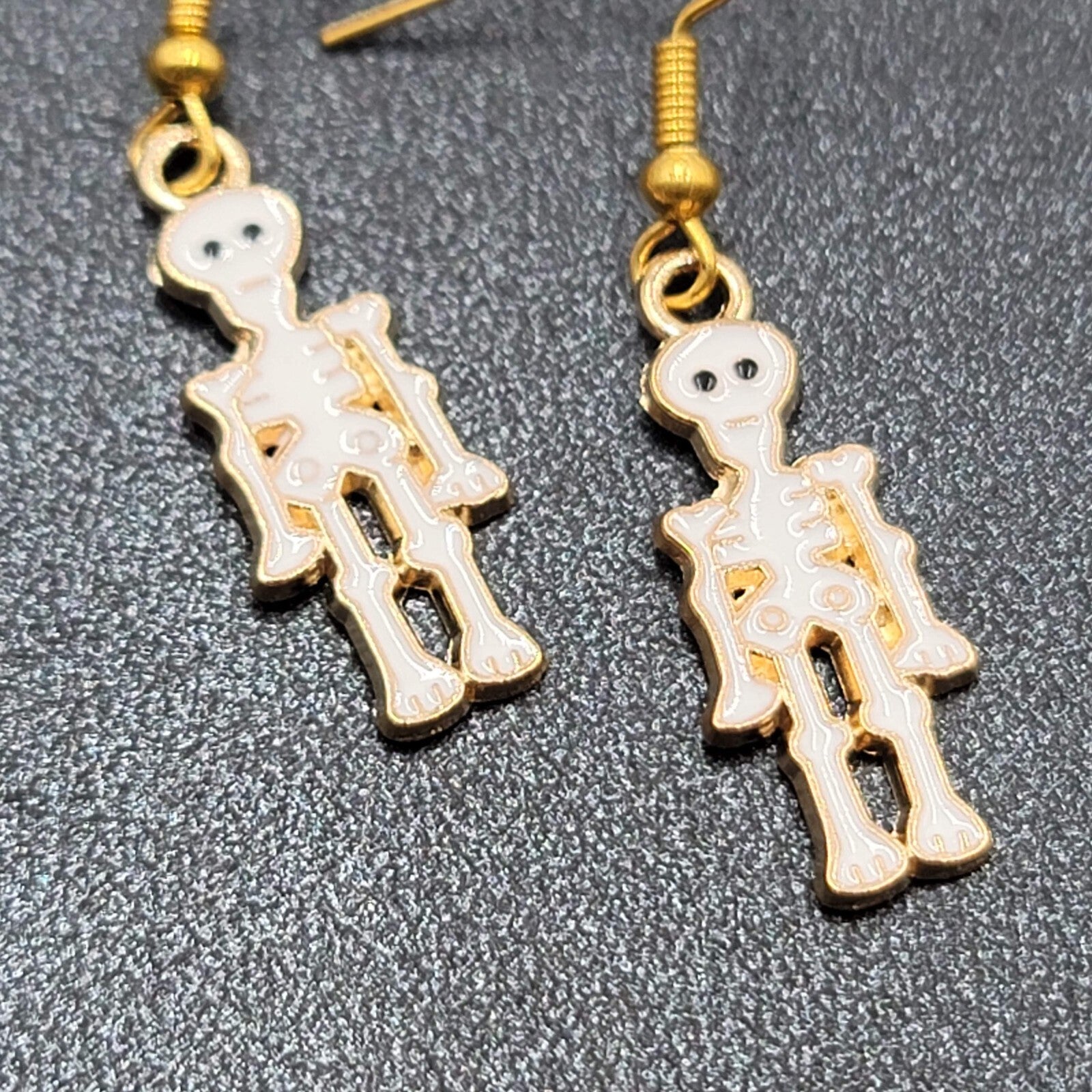 Halloween Skeleton Pierced Earrings Gold tone White Enamel Dangle 1"