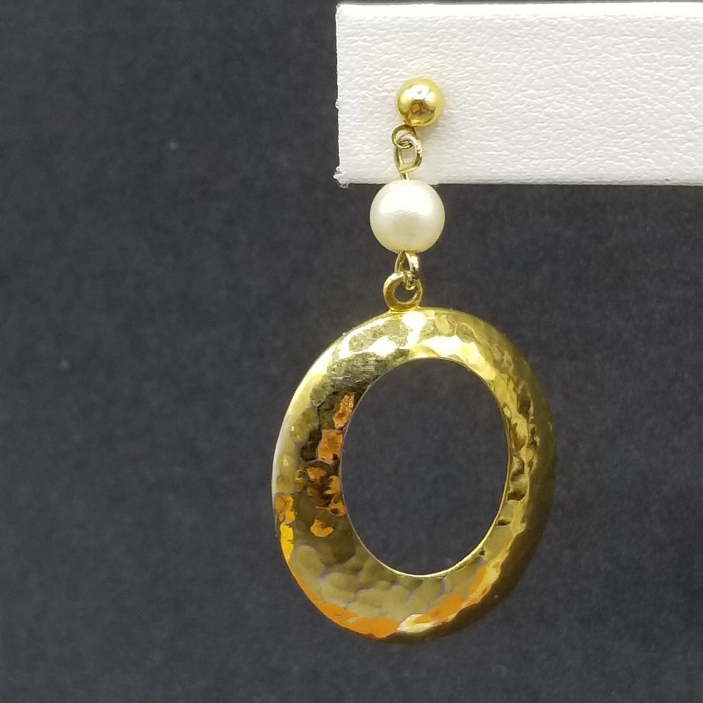 Pierced Earrings Gold tone Faux Pearl Hammered Oval Dangle 1 7/8"