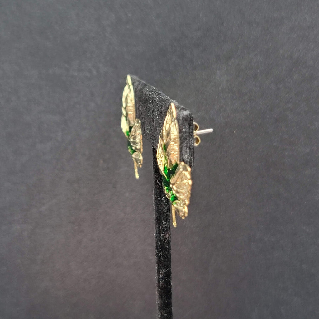 Pierced Earrings Gold tone Green Enamel Leaves Drop 1.25"