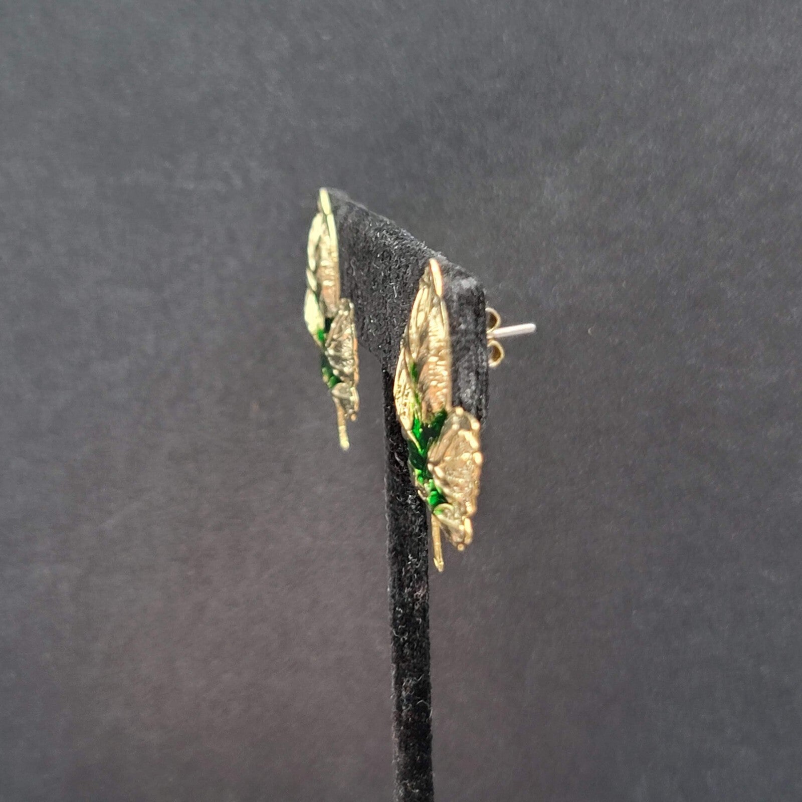 Pierced Earrings Gold tone Green Enamel Leaves Drop 1.25"