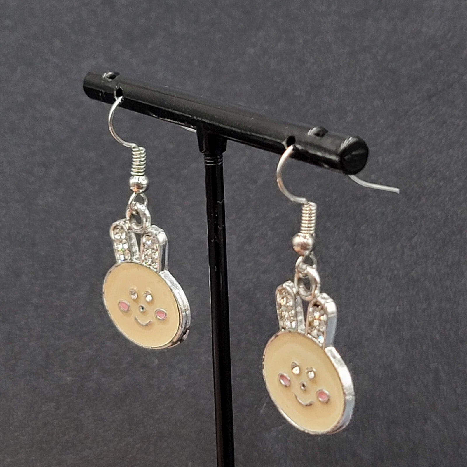 Bunny Pierced Earrings Dangle Silver tone Enamel Rhinestone 1"