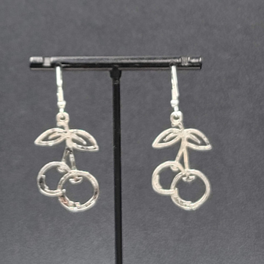 Cherry Pierced Earrings Cherries Silver tone Dangle 1 3/8"