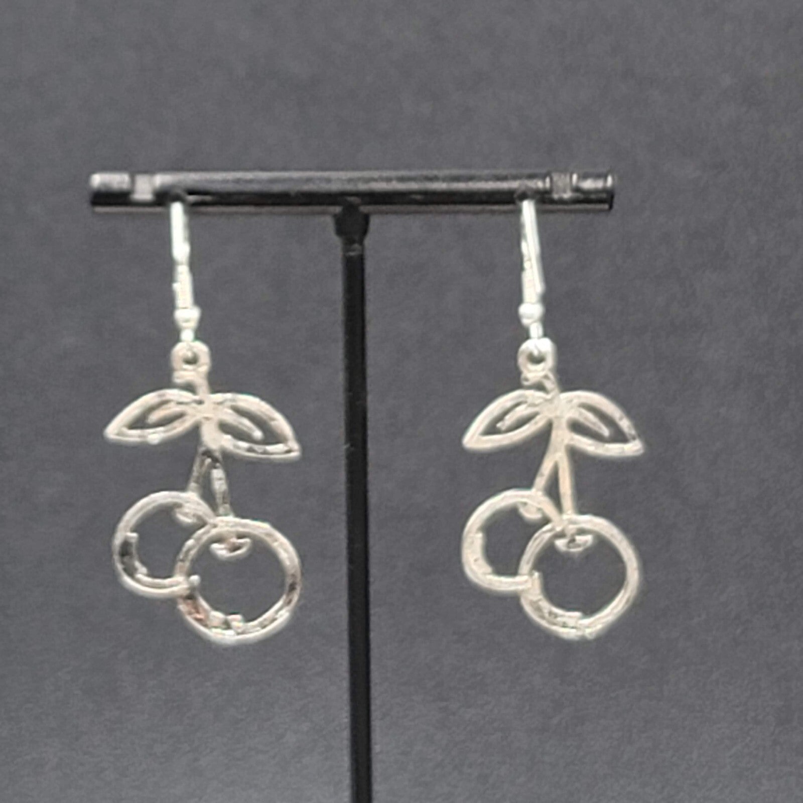 Cherry Pierced Earrings Cherries Silver tone Dangle 1 3/8"