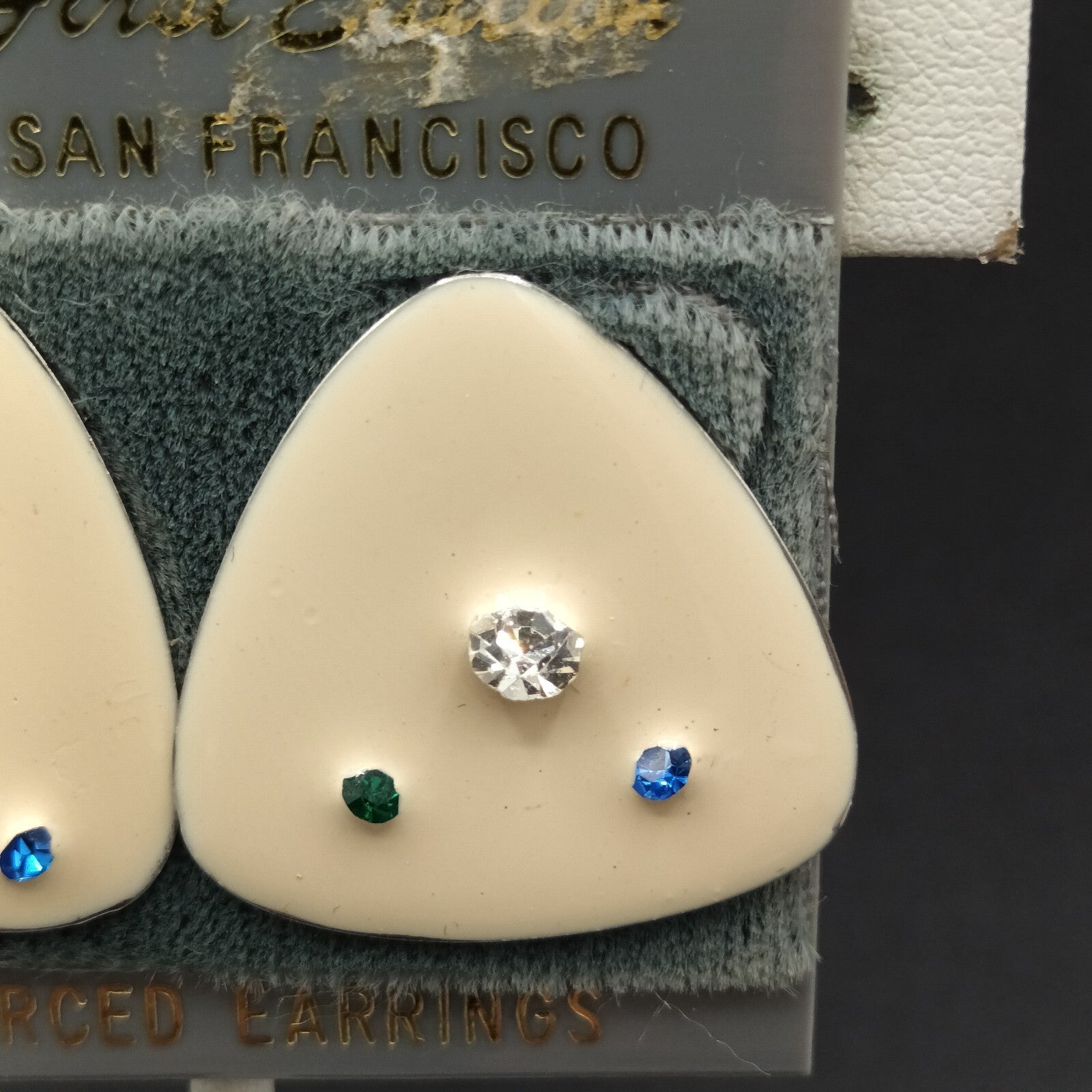 Vintage Pierced Earrings White Enamel Blue Clear Crystal Accent Triangle  1"
