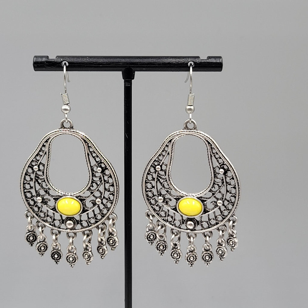Chandelier Pierced Earrings Silver tone Yellow Accent Dangle 2"