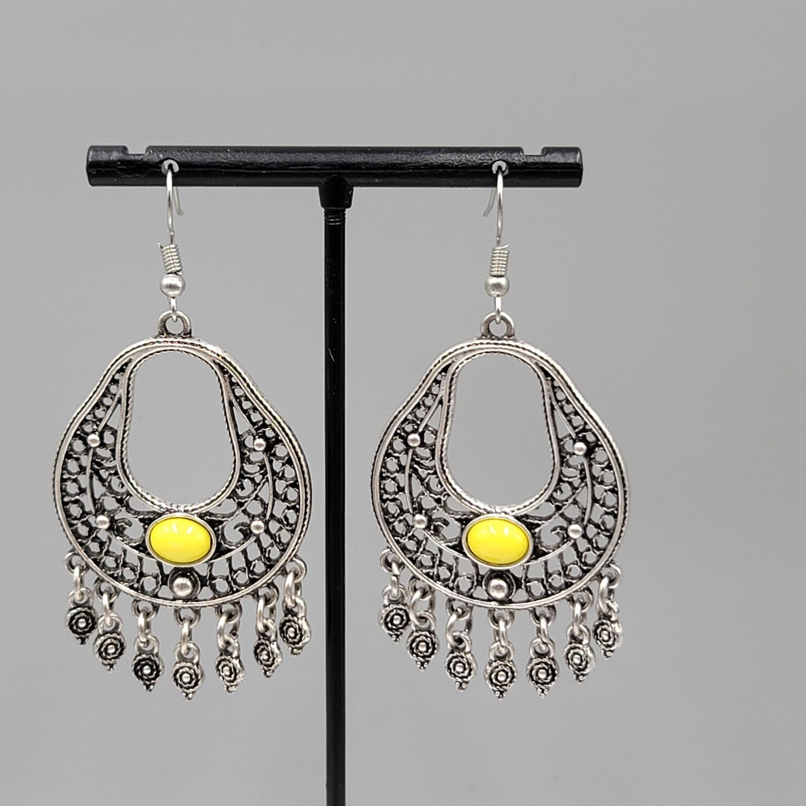 Chandelier Pierced Earrings Silver tone Yellow Accent Dangle 2"