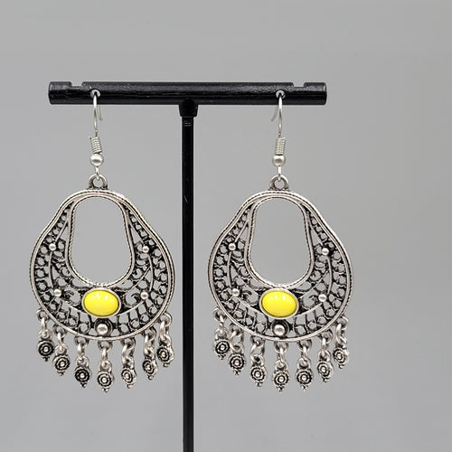 Chandelier Pierced Earrings Silver tone Yellow Accent Dangle 2"