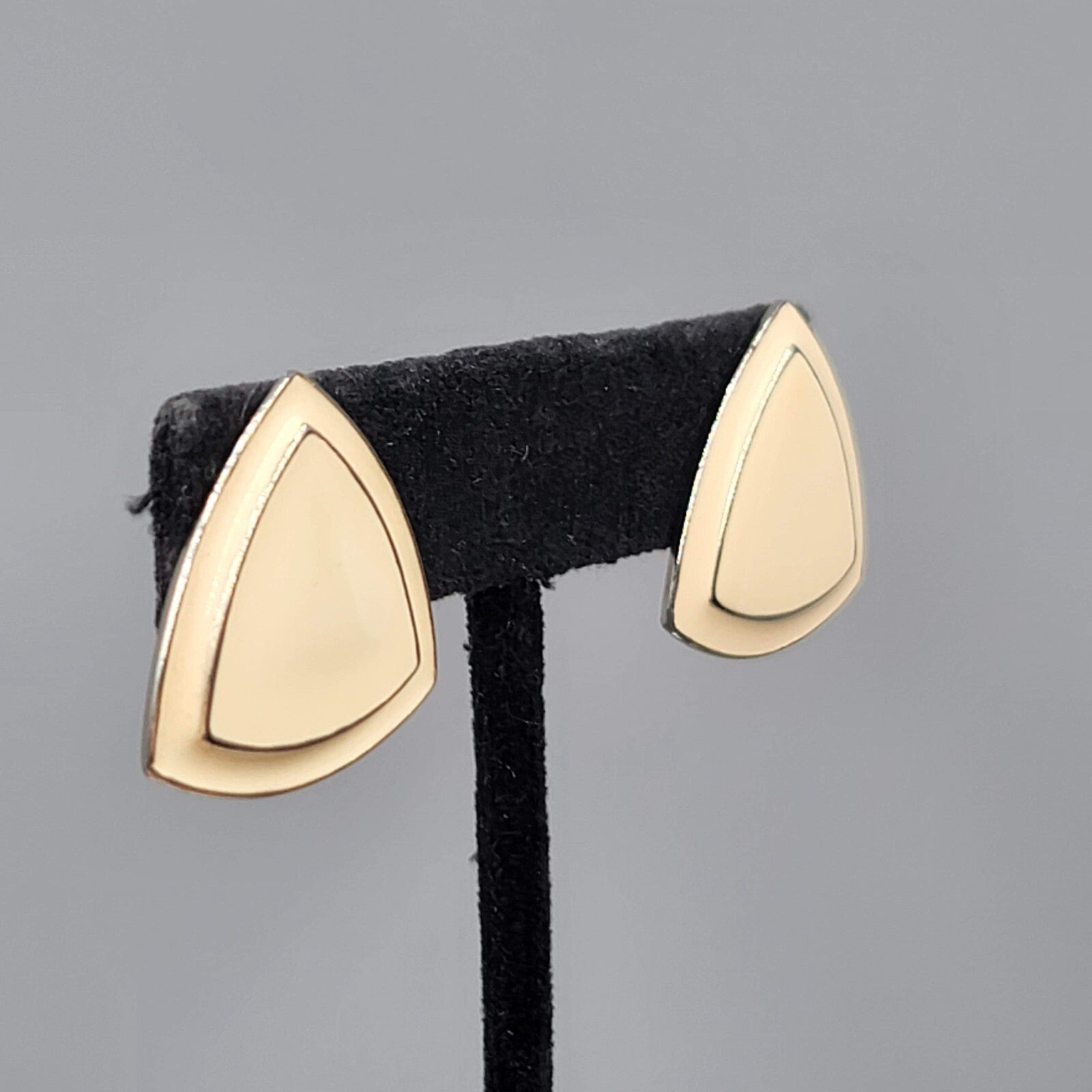 Vintage Pierced Earrings Cream Enamel Triangle Silver tone 1"