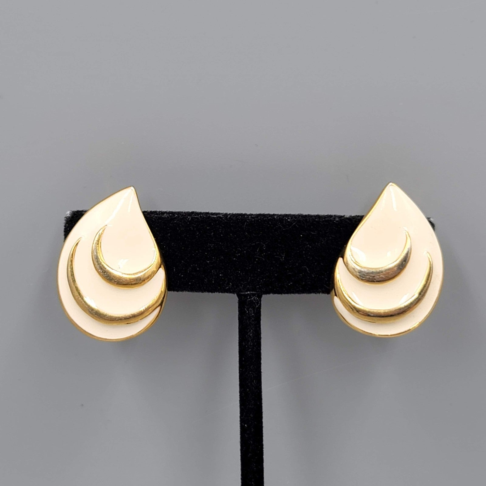 Vintage White Enamel Clip on Earrings Gold Plated Drop Signed JS 1 1/8"