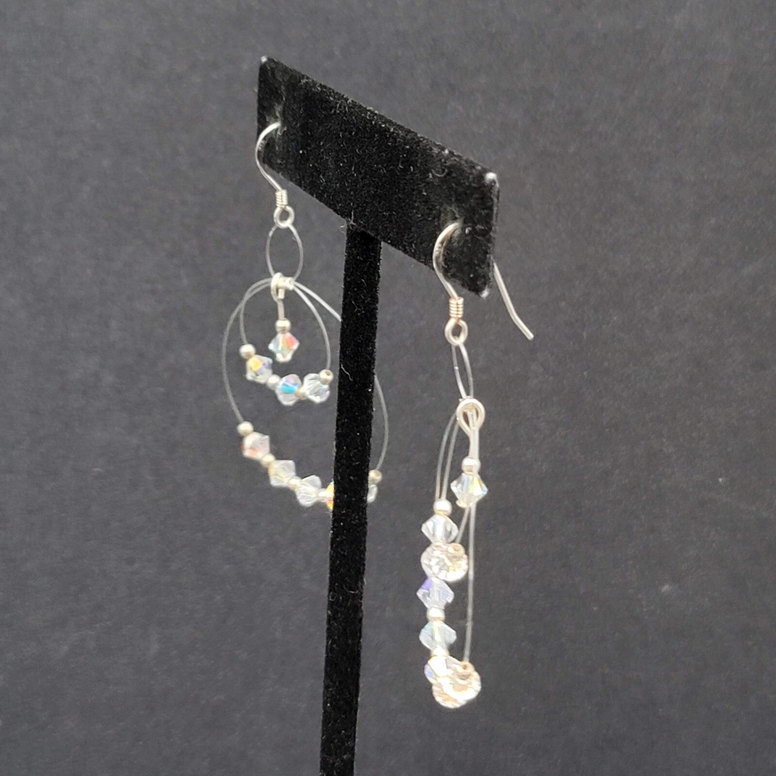 Pierced Earrings Floating Bicone AB Crystal Bead Dangle Hoops 1.75"