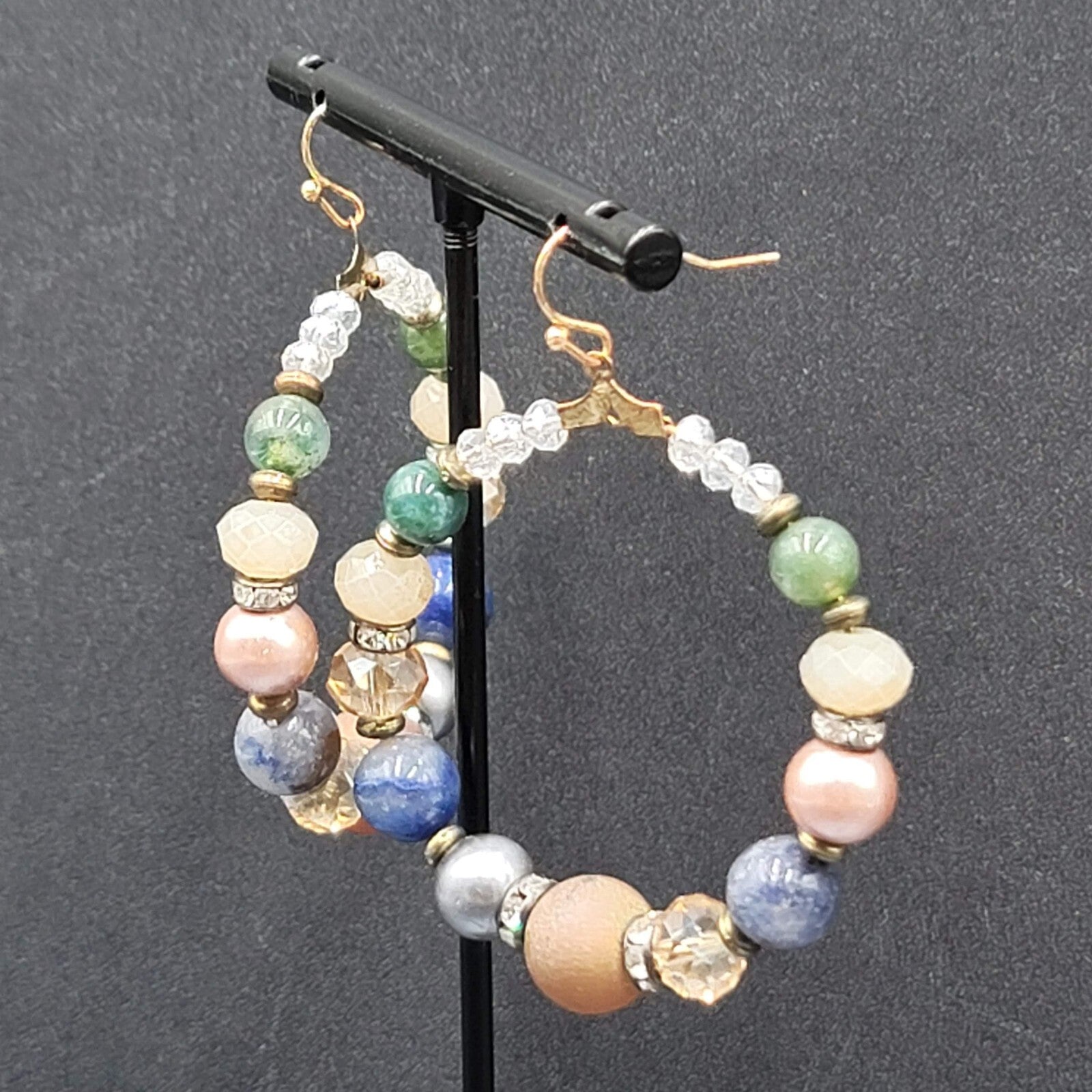 Pierced Earrings Multicolor Stones and Beads Large Hoops 2"