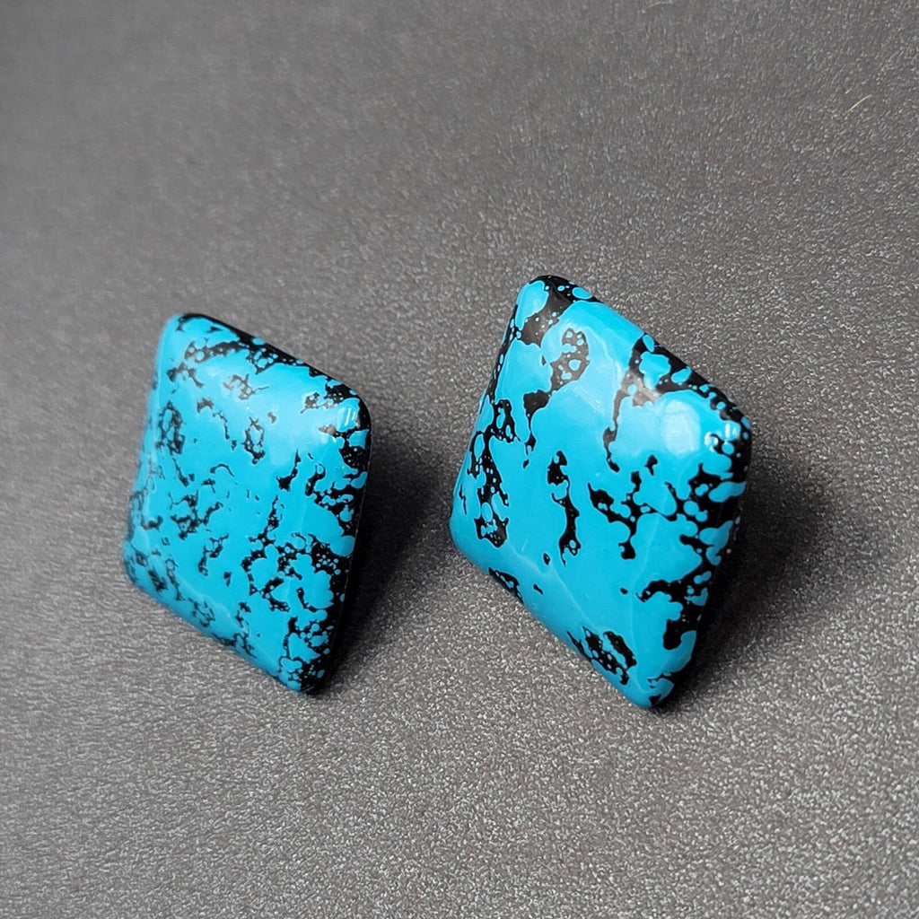 Vintage Pierced Earrings Acrylic Black Blue Enamel Statement Square Drop 1 1/8"
