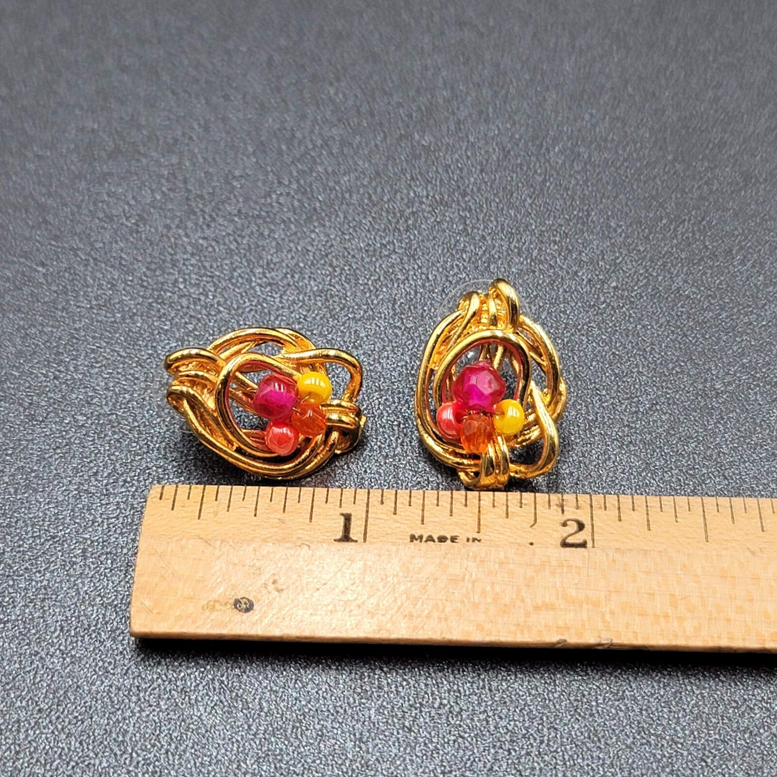 Pierced Earrings Gold Plated Pink Yellow Beaded Artistic Drop 1"
