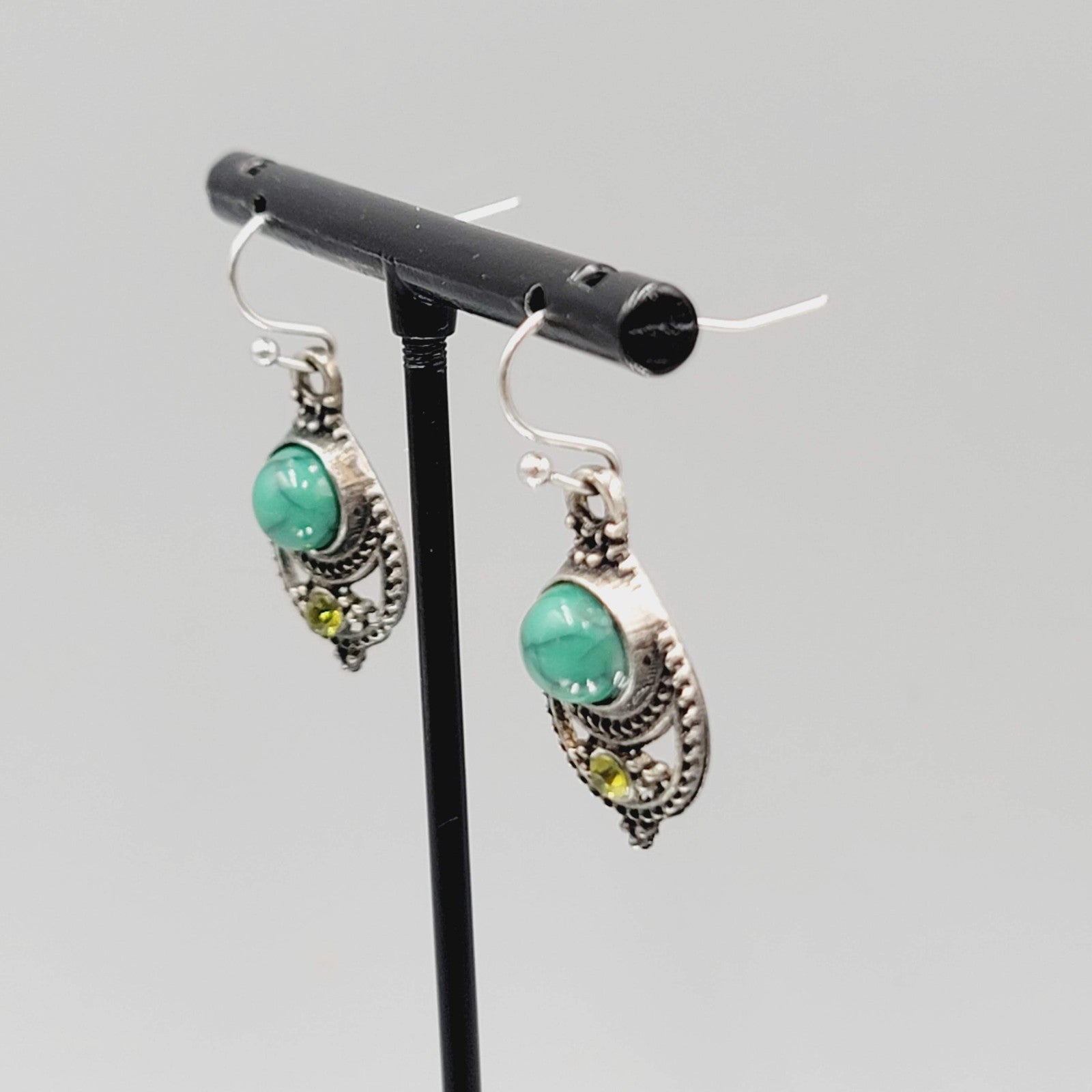 Boho Antiqued Silver tone Pierced Earrings Green Accent Yellow Rhinestone 7/8"