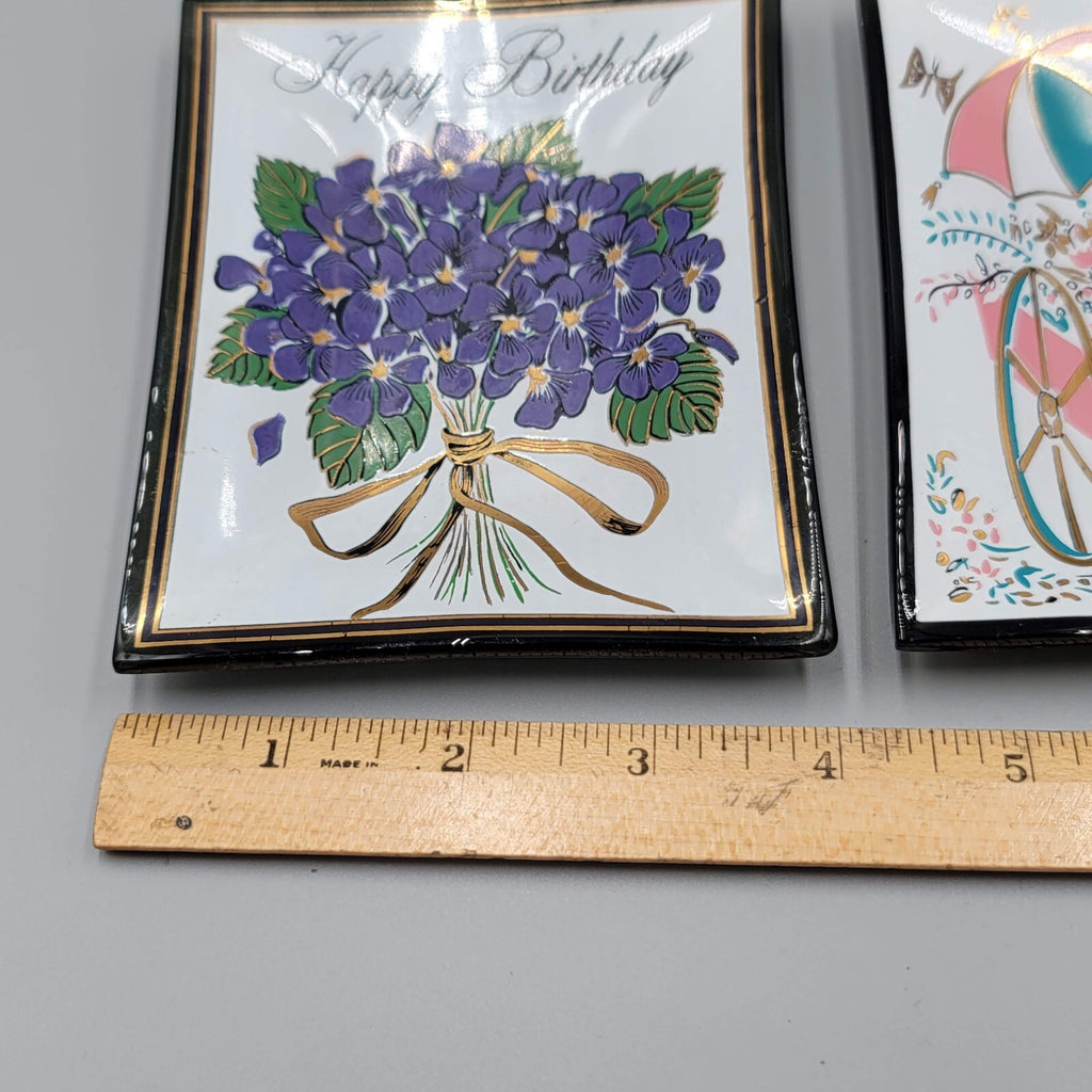 Vintage Houze Art Tray Happy Birthday and Get Well Glass Tray Lot Flowers