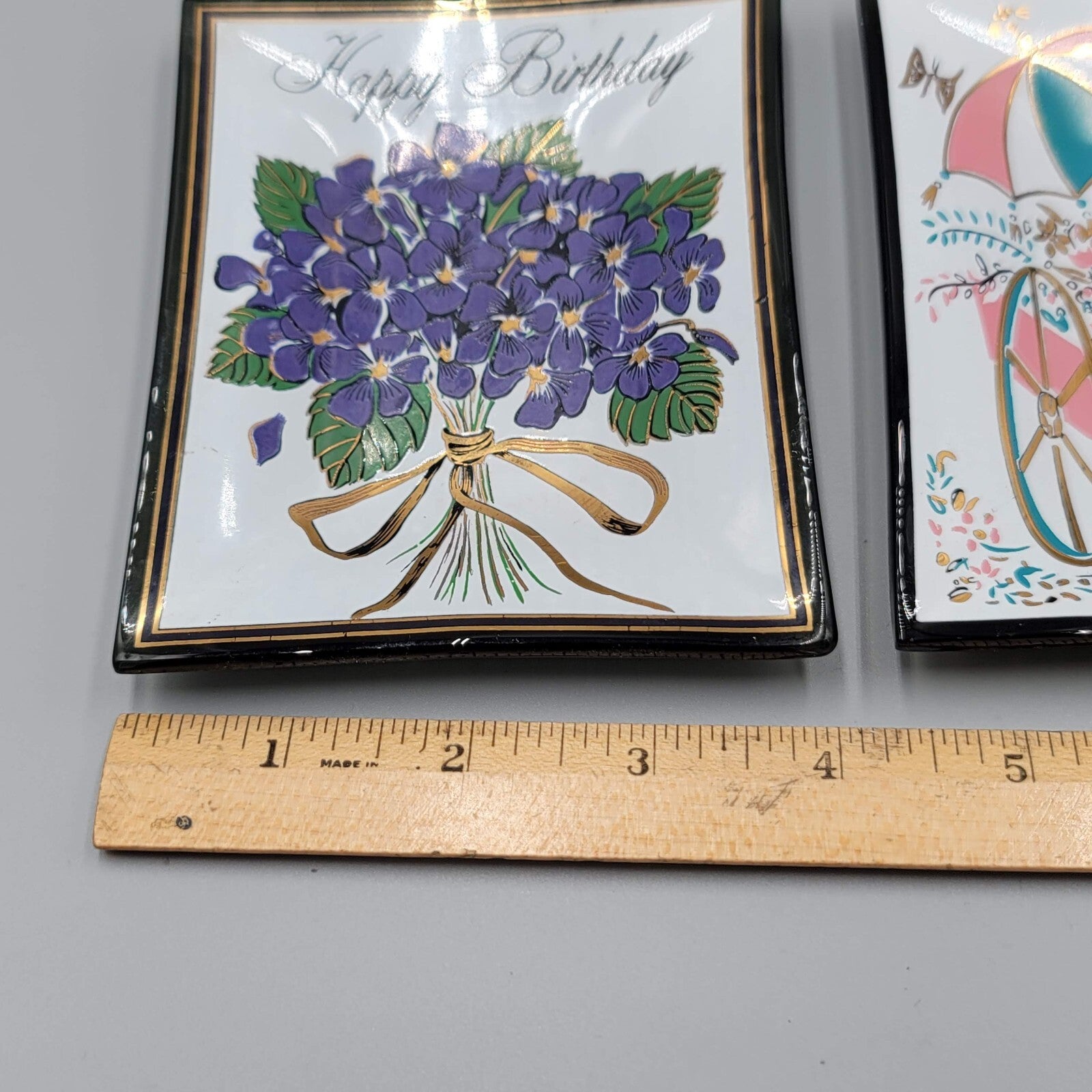 Vintage Houze Art Tray Happy Birthday and Get Well Glass Tray Lot Flowers