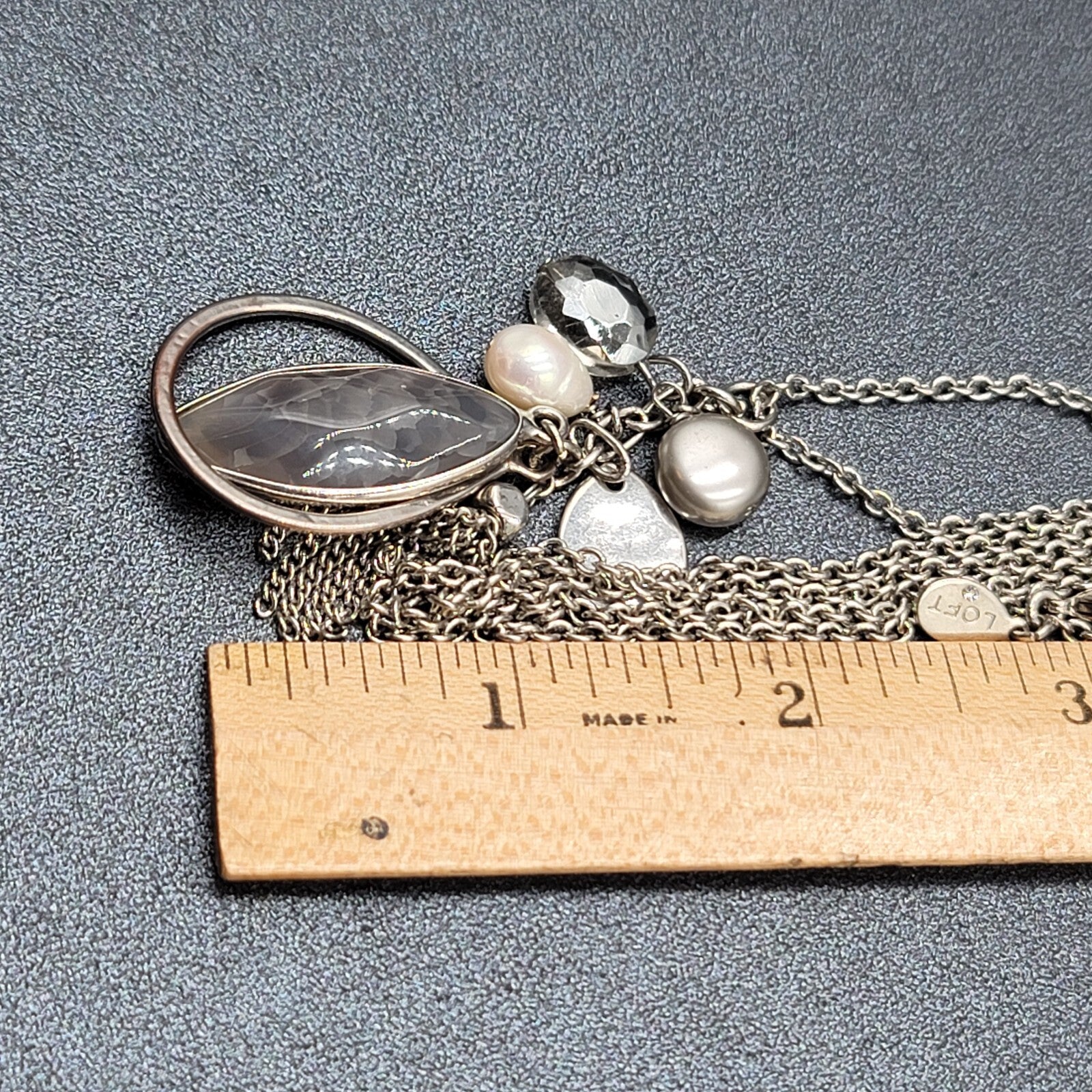 LOFT Pendant Necklace Silver tone Gray Stone Pearl LONG 32"
