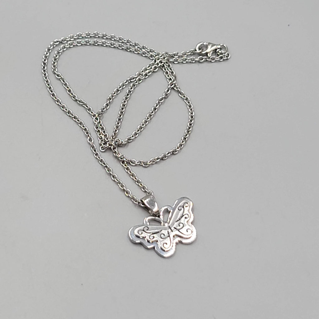 JCM Embrace Life Butterfly Pendant Necklace Silver tone Stainless Steel 18 in