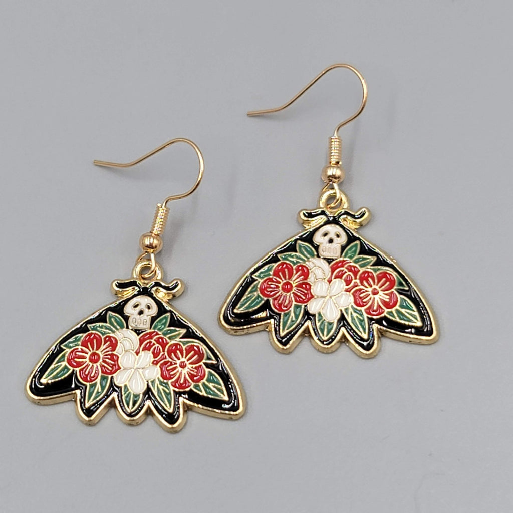 Pierced Earrings Gold tone Enamel Red Rose Moth Dangle 1"