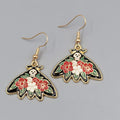 Pierced Earrings Gold tone Enamel Red Rose Moth Dangle 1"
