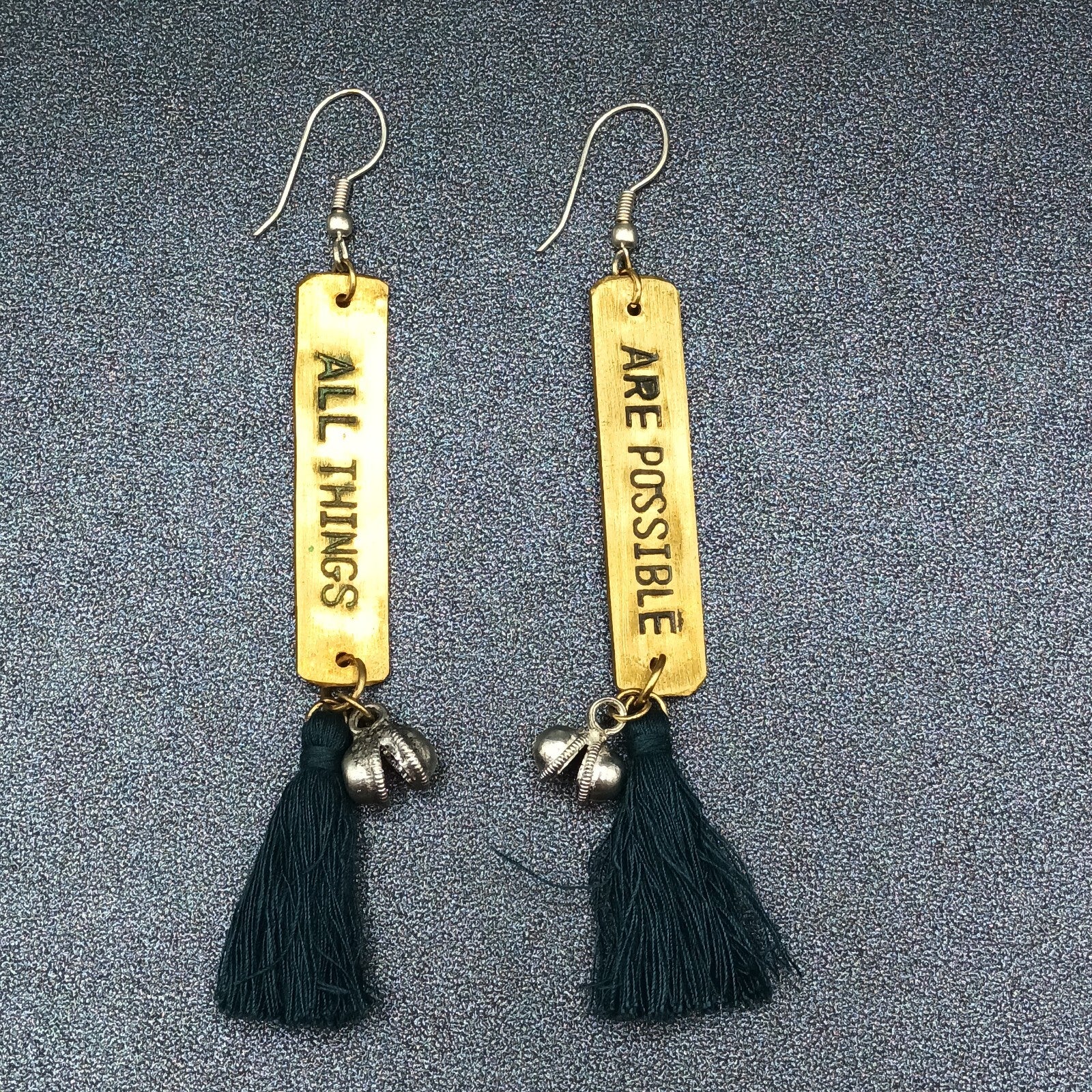 Pierced Earrings "All Things Are Possible" Brass Green Tassel Dangle 3 1/4"