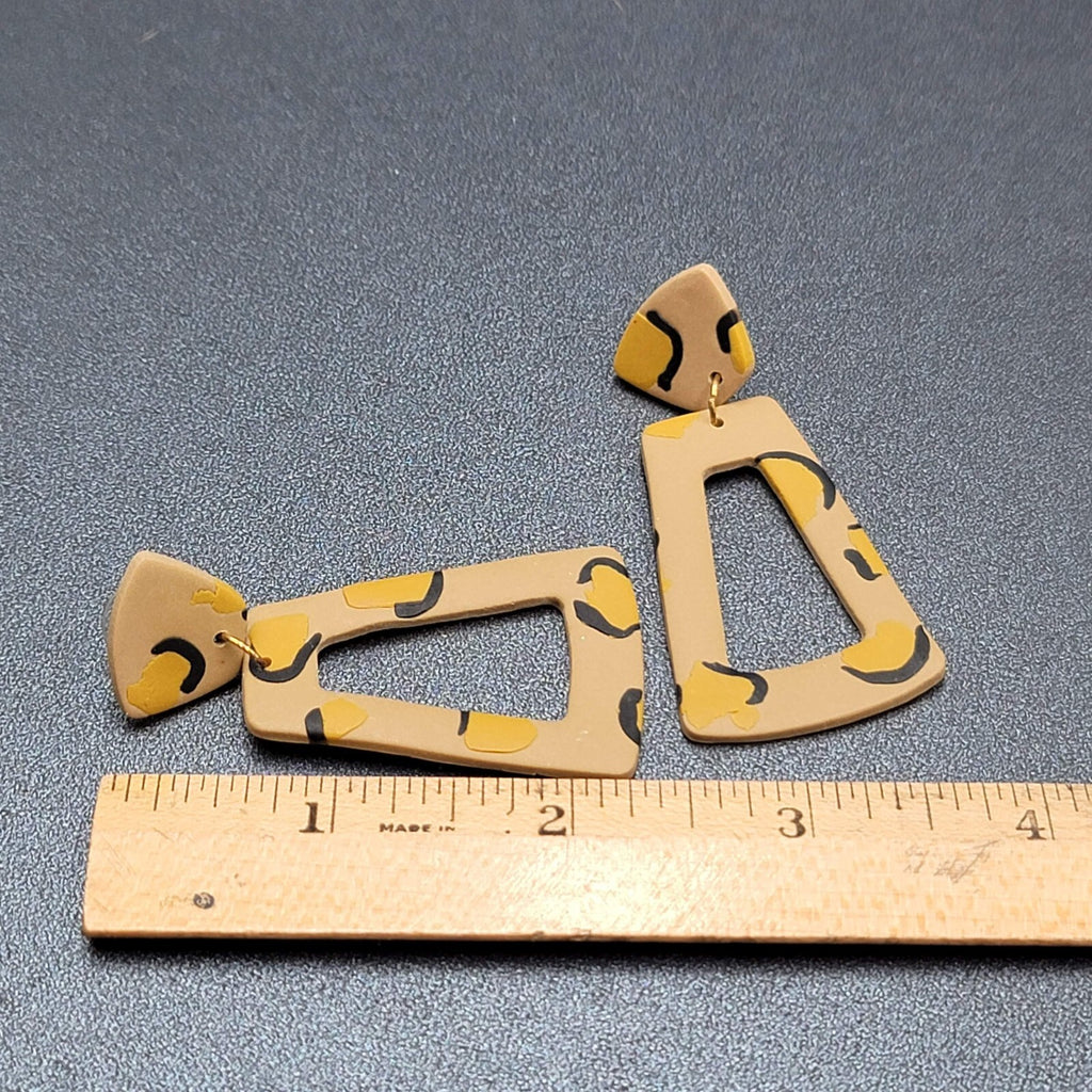 Pierced Earrings Beige Polymer Clay Yellow Black Statement Dangle 2 3/8"