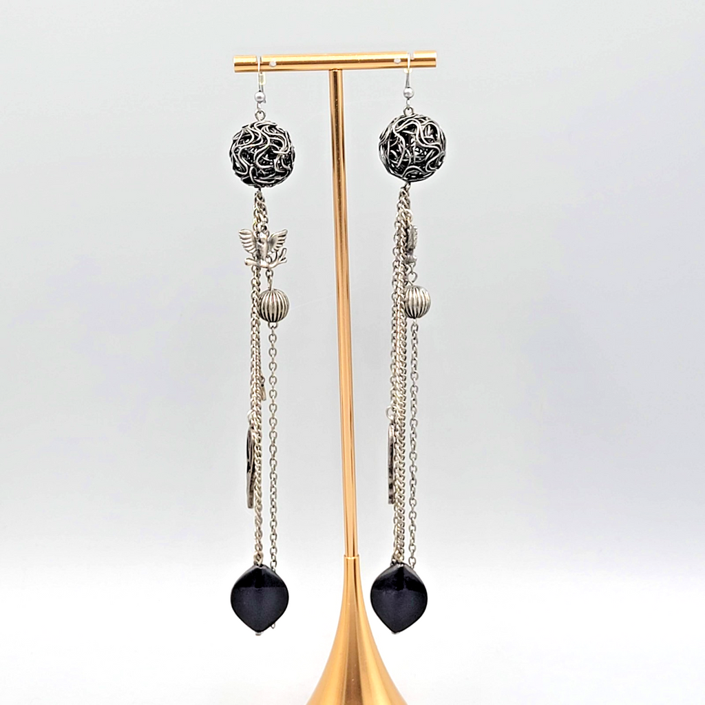 Extra Long Pierced Earrings Dark Gray Metal Bead Charms Dangle Chains 6.5 in