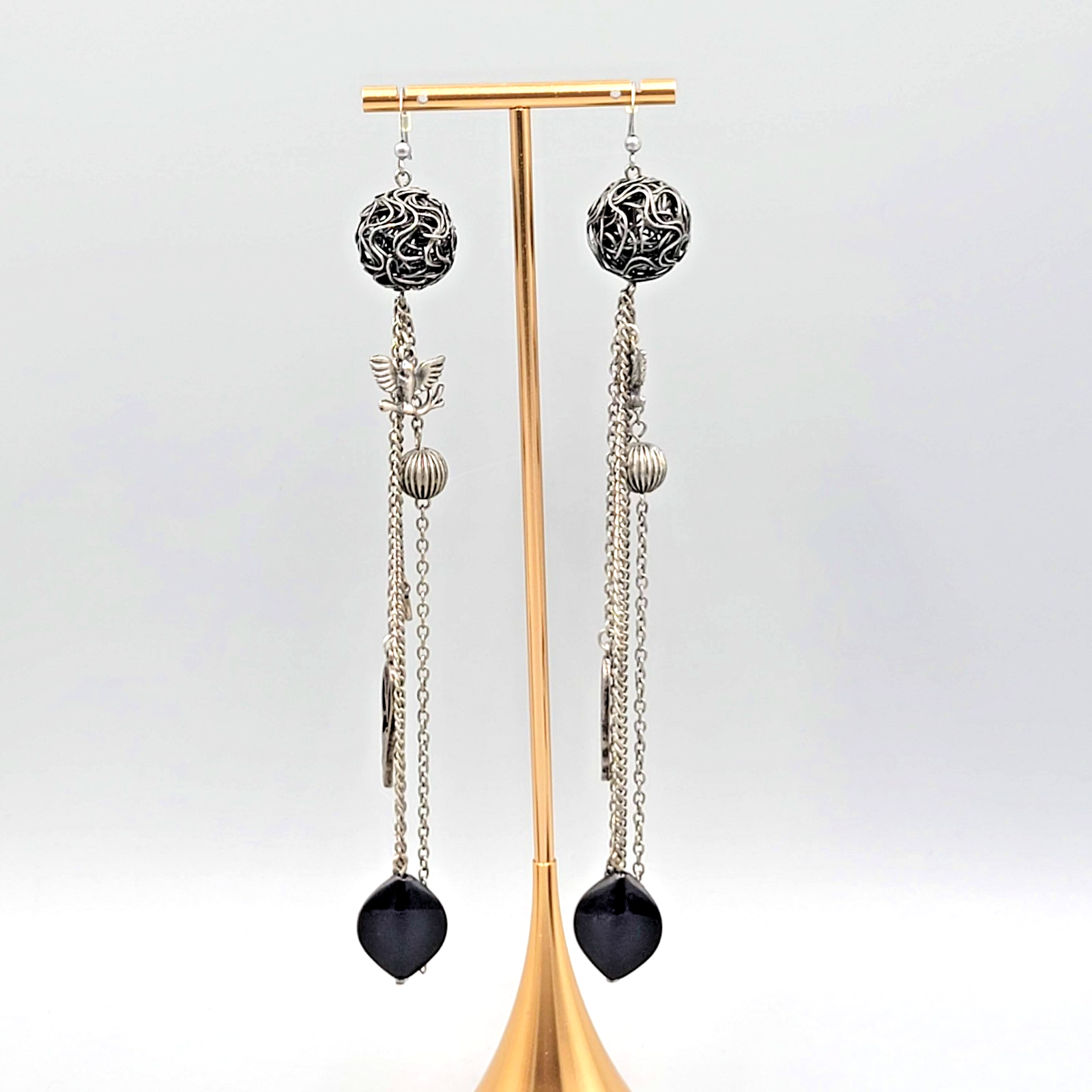 Extra Long Pierced Earrings Dark Gray Metal Bead Charms Dangle Chains 6.5 in