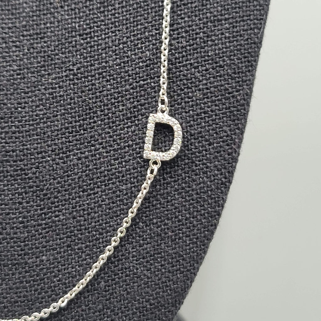 Initial D Necklace Crystal Silver tone Dainty Minimalist 16"-18"