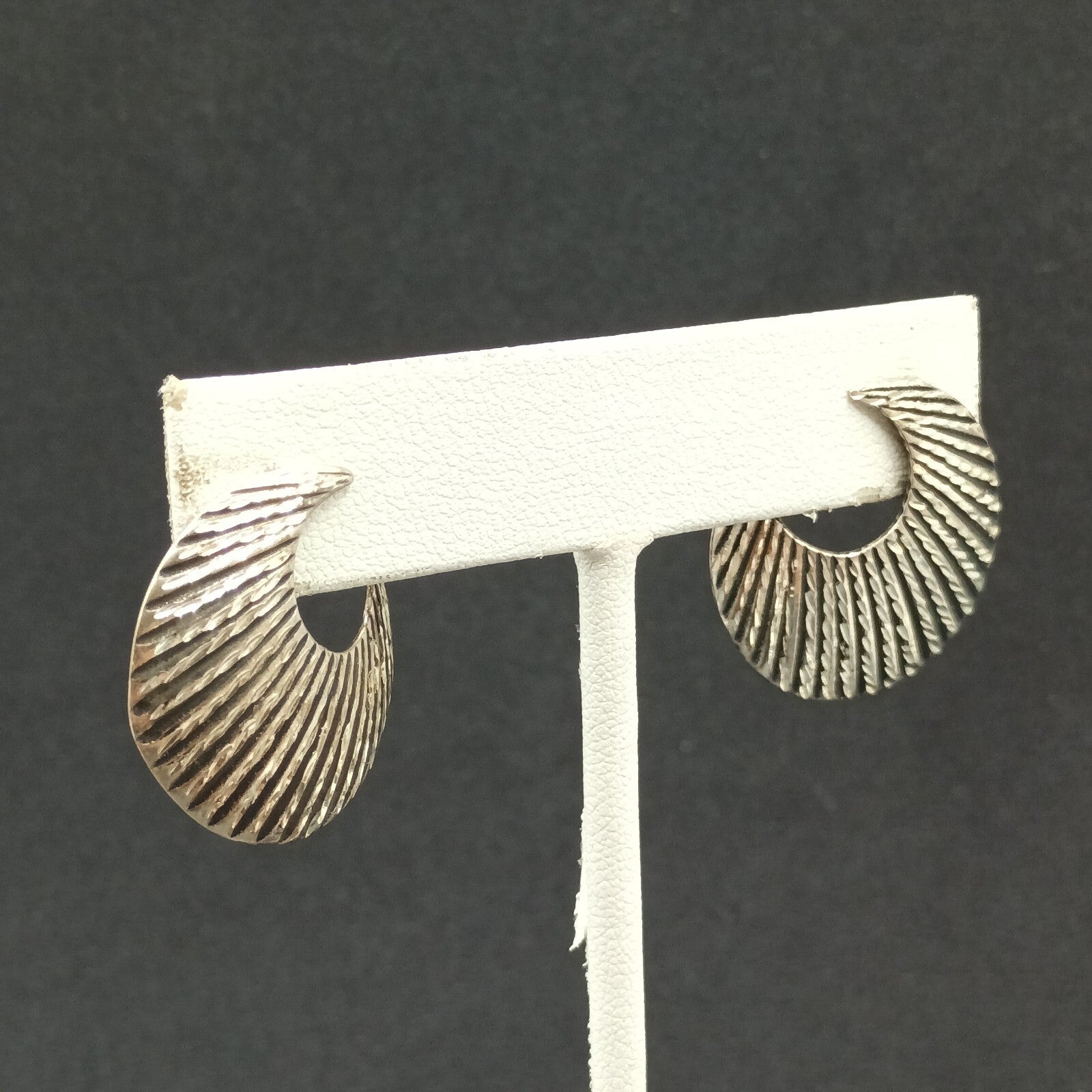 Pierced Earrings Silver tone Textured Crescent Drop 1"