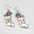 Vintage Christmas Stocking Pierced Earrings Enamel Silver tone Dangle 1 3/8"