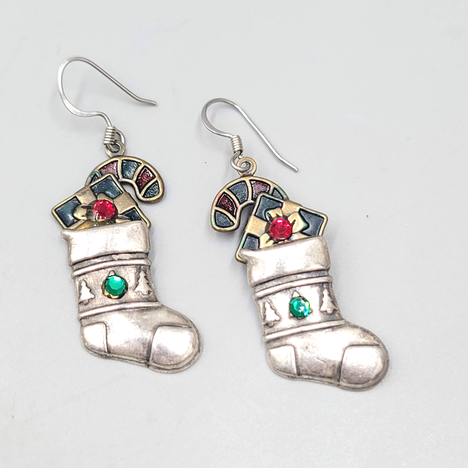 Vintage Christmas Stocking Pierced Earrings Enamel Silver tone Dangle 1 3/8"