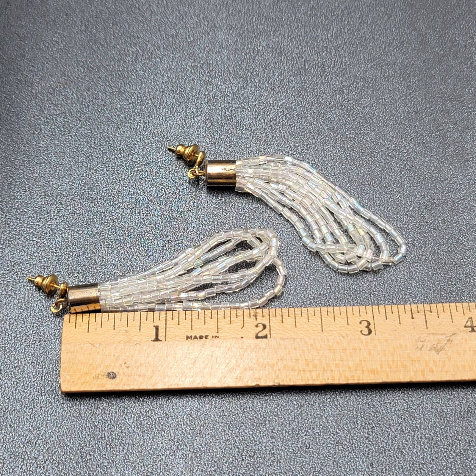 Pierced Earrings Gold tone AB White Clear Beads Dangle Loops 2.5"