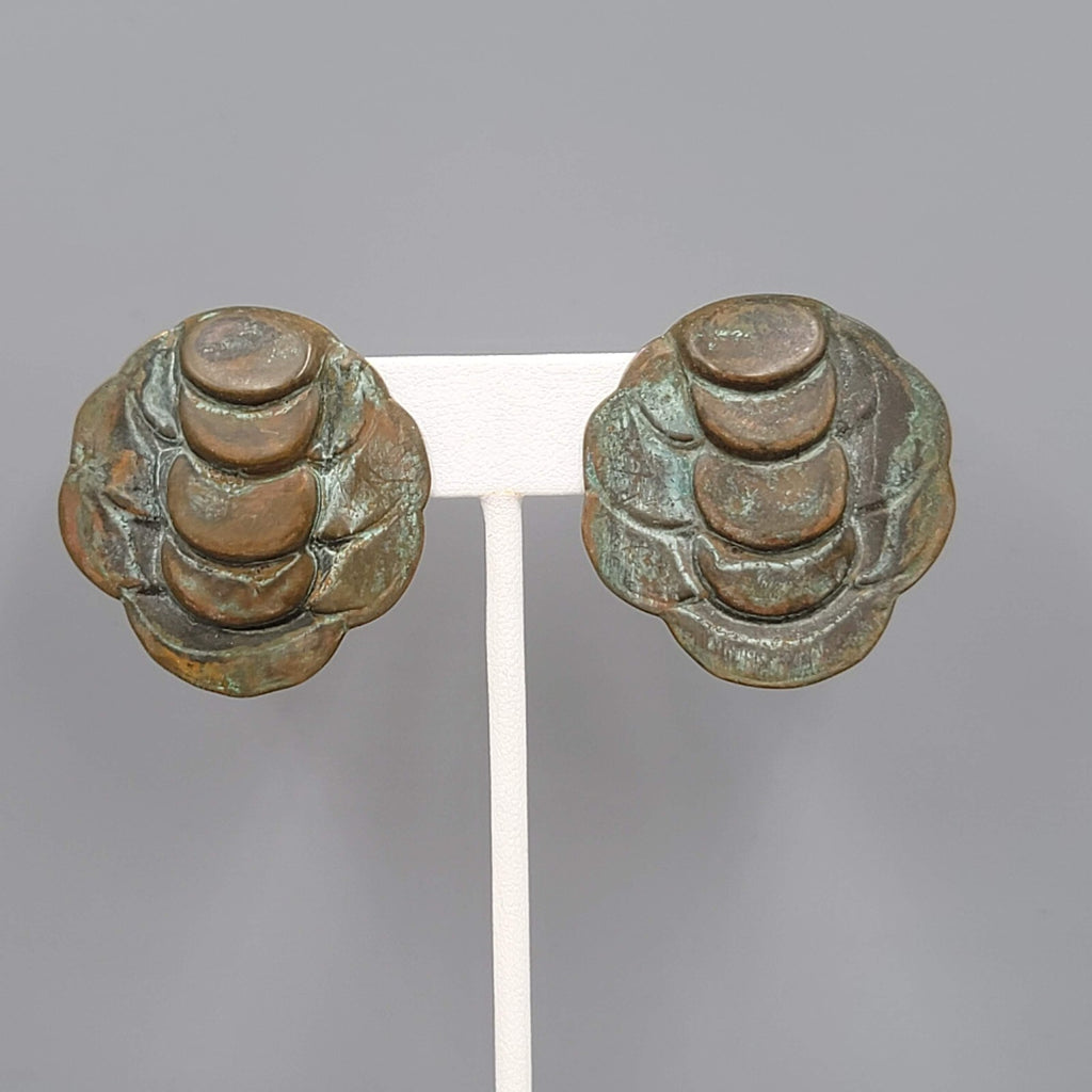 Vintage Artisan Pierced Earrings Patina Embossed Metal Large Statement 1.5"
