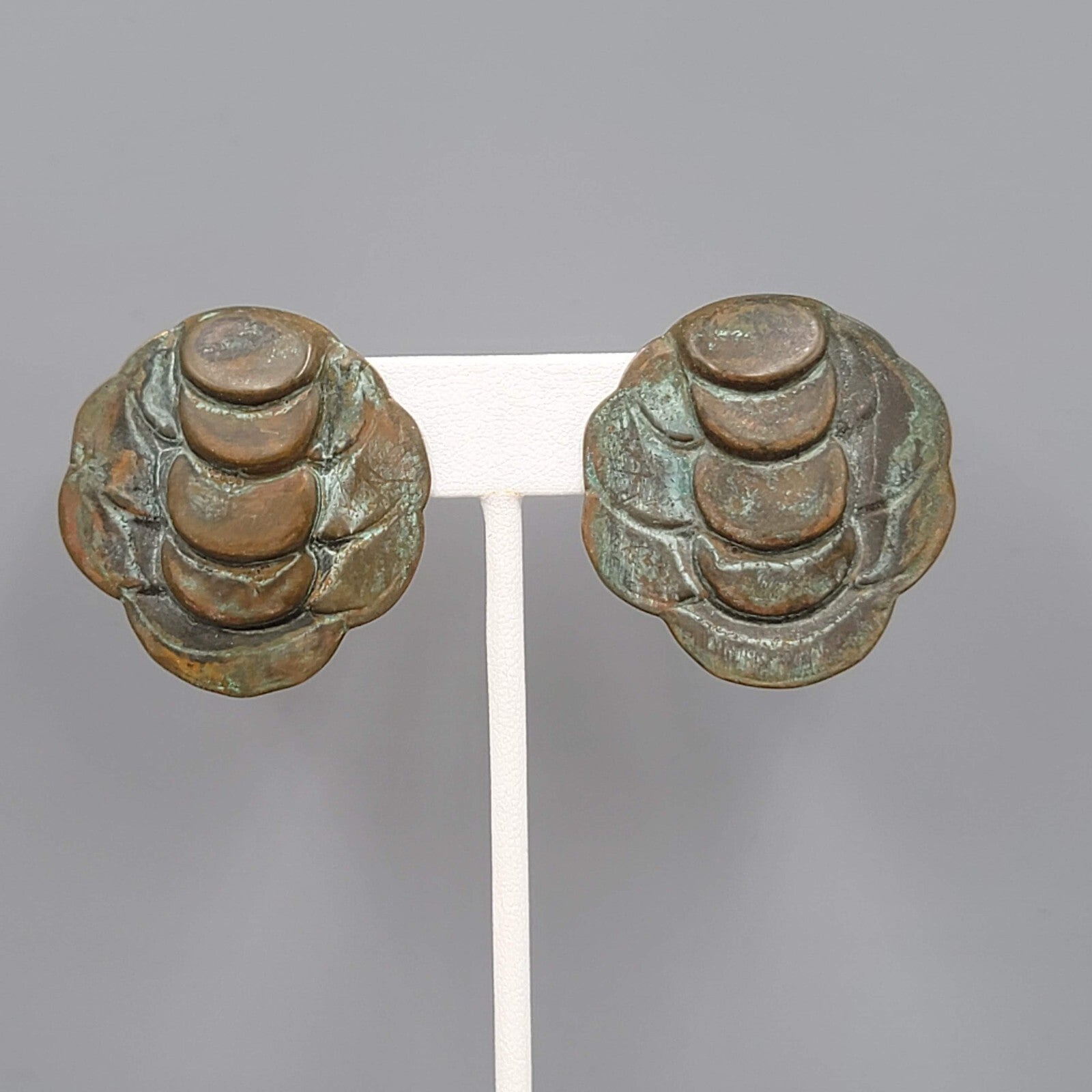 Vintage Artisan Pierced Earrings Patina Embossed Metal Large Statement 1.5"
