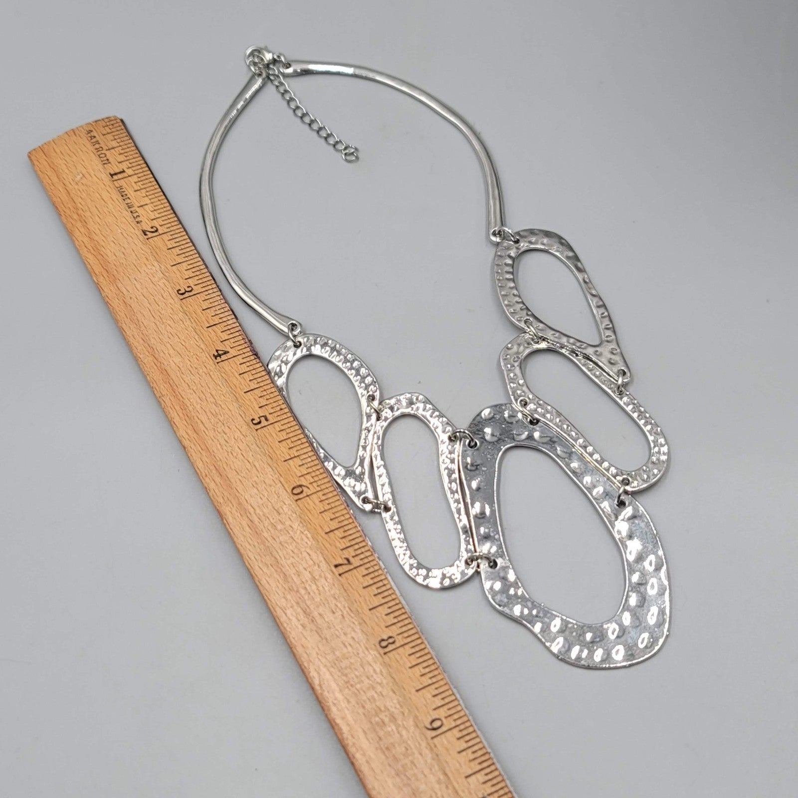 Statement Bib Hammered Silver tone Necklace 14"-18"