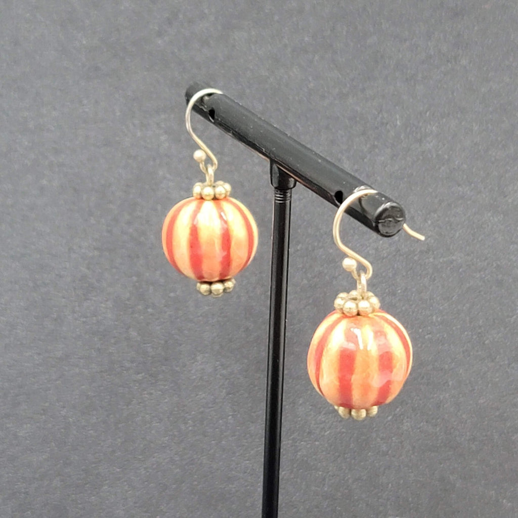Pierced Earrings Gold tone Hand Painted Pottery Bead Dangle 3/4"
